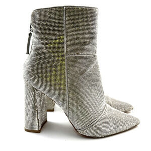 Rhinestone Embellished Pointed Toe Ankle Boots Block Heel Silver Size 8.5 Madden